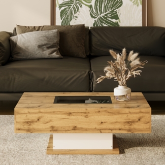 Merax Couchtisch, Wohnzimmertisch mit farbwechselndem LED-Licht, mit Glas, Beistelltisch mit zwei Schubladen, Natur