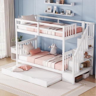 HAUSS SPOLE Etagenbett 90 x 200cm, mit ausziehbares Rollbett, Geländer,Treppenregal, weiß (Treppenregal, ausgestattet mit ausziehbares Rollbett, hohe Geländer, 90*200cm), ohne Matratze