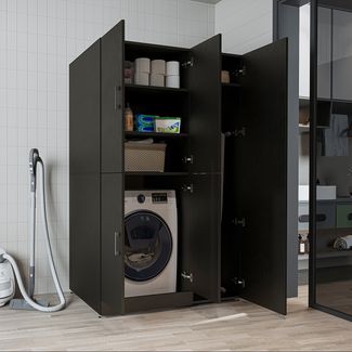 Roomart Waschmaschinenschrank - SERIE DORA-2- 115 cm breit – Waschturm für Waschmaschine & Trockner mit Regalböden – Überbauschrank für Waschküche & Hauswirtschaftsraum – ohne Aufsatzschrank - 1x Regalböden - Schwarz Eiche