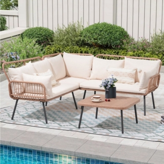 JOIVI Gartenlounge-Set 4-tlg Garten Lounge Set, Outdoor Rattan Garten-Sofa Set, (mit Couchtisch und Sitzkissen, 3 Packet insgemst, L-förmige Terrasse Unterhaltungssets), für Terrasse, Balkon, Garten, (Creame Beige)
