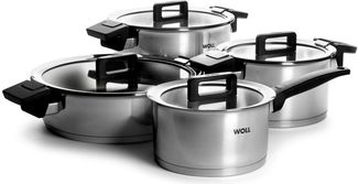 WOLL Kochtopf‑Set Concept 4‑tlg. Edelstahl 18/10 mit Alu‑Induktionsboden Ø 18/20/24/28 cm Abgießdeckel Alle Herdarten inkl. Induktion Backofenfest bis 200 °C Spülmaschinenfest