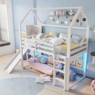 Ulife Hochbett Kinderbett Jugendbett mit LED-Beleuchtung & praktischen Regalen (Ohne Matratze) Hausform, 90x200 cm