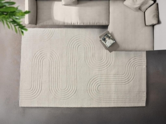 Vente-unique - Relief-Teppich mit abstraktem Muster - 100 % Wolle - handgetuftet - 160x230 cm - Elfenbeinfarben - LISANDRA