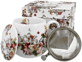 DUO FLORAL Fassbecher 430 ml VINTAGE FLOWERS WHITE mit Teesieb, New Bone China Porzellan