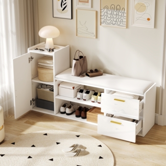 Merax 128cm Schuhschrank Schuhregal mit 2 Schubladen 1 Schrank, Hochglanz Schuhbänke Sitzbänke mit gepolsterter und Stauraum, weiß