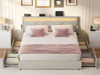 VASAGLE Doppelbettgestell, Bettgestell, 140 x 200 cm, LED, Metallbett, 4 Schubladen, Ladestation, verstellbares gepolstertes Kopfteil, cappuccinobeige