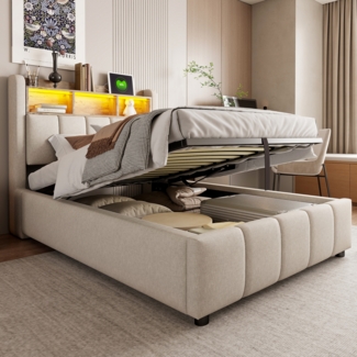 Polsterbett mit LED-Beleuchtung und USB-Anschluss, Kopfteil mit Ablageflächen und Stauraum, hydraulischer Stauraum, Einzelbett für Kinder, Leinenstoff, 90×200 cm