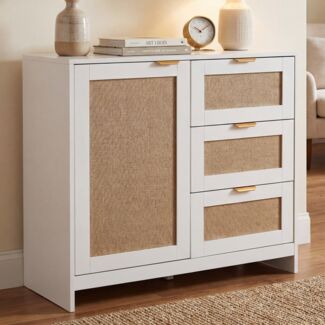 Kommode HWC-P50, Schrank Sideboard Highboard, Schubladen Staufach, MDF Melamin Leinenfront ~ weiß