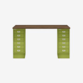 MultiDesk, 2 MultiDrawer mit 6 Schüben, Dekor Nussbaum, Farbe Grün, Maße: H 740 x B 1400 x T 600 mm