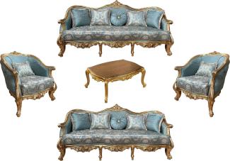 Casa Padrino Luxus Barock Wohnzimmer Set Türkis Muster / Gold - 2 Barock Sofas & 2 Barock Sessel & 1 Barock Couchtisch - Luxus Wohnzimmer Möbel im Barockstil - Barock Möbel - Edel & Prunkvoll