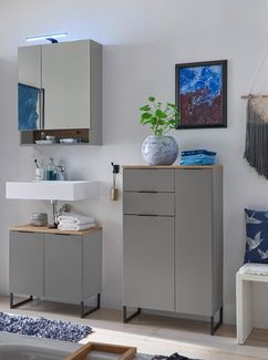 Badezimmer-Set >Denver< (3-tlg.) in grau matt / Evoke Eiche Dekor - 140x195x35 (BxHxT)