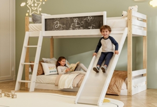 AUKWIK Kinderbett 90x200cm Komplettbett Kinderbetten, Zwei Optionen (2 Betten-Hochbett, Treppe und Rutschen, Bett mit Zaun, Kommode/Stauraum, Kreidetafel, Massivholzrahmen), Kinderzimmer/Jugendzimmer /Schlafzimmer/Gästezimmer
