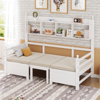 Merax Daybett Multifunktionales Massivholz Schlafsofa 200x90 cm, 2-in-1 Bett und Schreibtisch, Frei Umbaubar, Mit Bücherregal Zur Aufbewahrung, Mit Bequemen Kissen, Gästebett Einzelholzbett, Weiß