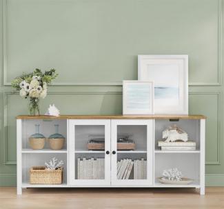 Vasagle TV-Schrank, Lowboard für Fernseher bis zu 65 Zoll, Fernsehtisch mit offenen Fächern, Schrank mit Glastüren, TV-Tisch für Wohnzimmer, walnussbraun-wolkenweiß