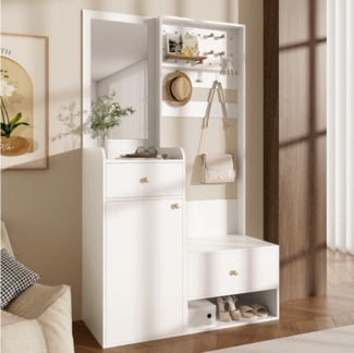 Merax Garderoben-Set Garderobenschrank Kompaktgarderobe mit Spiegel, (1-St, 105 L x 38 B x 180 H), Flurregal mit Schubladen, Schrank, verstellbaren Haken & Stauraum