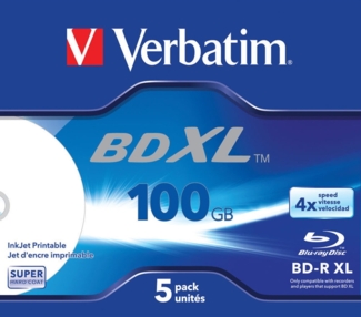 Verbatim BD-R XL 43789 | Blu-ray Rohlinge 100GB | 4x Speed | Inkjet bedruckbar | Jewel Case | 5 Stück | Weiß