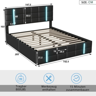 Bett 140x200 cm aus schwarzem PU mit LED-Beleuchtung und 2 USB-Anschlssen
