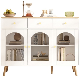REDOM Sideboard Kommode Schrank mit Bogentüren Flurschrank (Kommode, Anrichte, Wohnzimmerschrank, Küchenschränke, 1 St, mit 3 Schubladen und 3 gewölbten Türen), mit gehärtetem Glas, moderner Stil