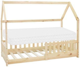 ML-DESIGN Kinderbett Hausbett mit Rausfallschutz, Dach und Lattenrost Massivholz, Bett 80x160 cm Natur mit Matratze 16cm für Mädchen Jungen Holzbett