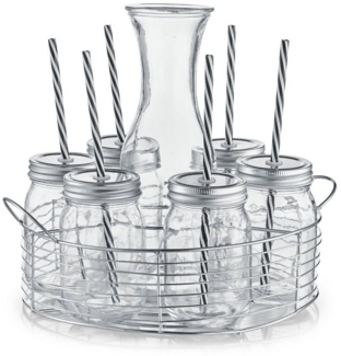 Neuetischkultur Karaffe Gläserset mit Glaskaraffe, (Set, 8-tlg, 1 Karaffe, 6 Gläser mit Deckel und Strohhalm, 1 Tragekorb)