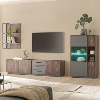 Lomadox Wohnwand LAFAYETE-61, (3-St), in Eiche mit anthrazit, inkl. LED-Beleuchtung