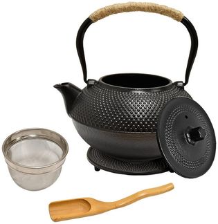 AD. CON Teeservice Gusseisen Teekanne Schwarz 1.4L mit Edelstahl Sieb Japanisch AD. CON (4-tlg)