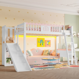 Merax Hochbett, Einzelbett(Ohne Matratze), Kinderbett, mit LED-Leuchten, mit Regalen, mit Rutsche, EN747 zertifiziert, Kiefernholz, 90x200cm, Weiß