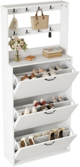 Schuhschrank, Mit 3 Türen und Haken, Aufbewahrung für Hüte und Taschen, Platz für 15 Paar Schuhe, MDF, Weiß