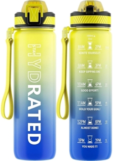 QLUR Trinkflasche 1L BPA-frei mit Strohhalm Zeitmarkierung Büste sportflasche