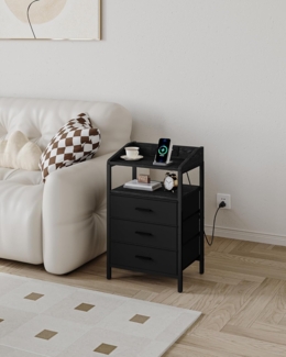 Nachttisch 2er Set, mit LED-Leuchten und Ladestation, Beistelltisch mit 3 Stoff-Schubladen und Regalen, mit USB-Anschlssen & Steckdosen, fr Schlafzimmer, Wohnzimmer, Schwarz