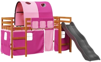 Kinderhochbett mit Tunnel in Rosa und Rutsche in Schwarz, Massivholz Kiefer, Braun, 80x200 cm