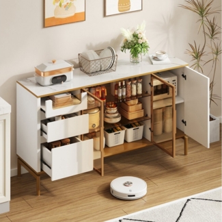 Flieks Kommode mit 3 Schubladen und Glastüren (1 St, B150/T40/H82 cm), Sideboard mit verstellbare Einlegeböden Aufbewahrungsschrank Weiß