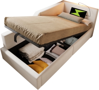 Polsterbett 90x190 cm, Samt-Bezug beige, mit hydraulischem Bettkasten, Leselampe und USB‑C-Ladefunktion, inkl. Lattenrost，Beige