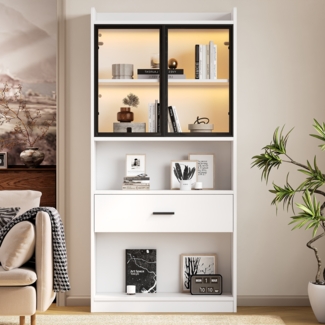 Merax Vitrine mit Licht, Aufbewahrungsregale mit Pop-up Glastüren, 1 große Schubladen & 16 Farben Licht, Sammlerstücke Schrank Display Regal, Bücherregal Vitrine für Wohnzimmer, weiß