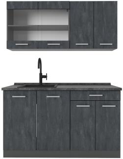 Vicco Singleküche R-Line 140 cm Schwarz Beton Anthrazit mit Arbeitsplatte Eiche
