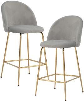 FineBuy 2er Set Barhocker Samt Hocker mit Lehne & goldenen Beinen, Küchenhocker Skandinavisch Stoff / Metall 110 kg, Design Barstuhl Tresenhocker, Bistrohocker Gepolstert Grau