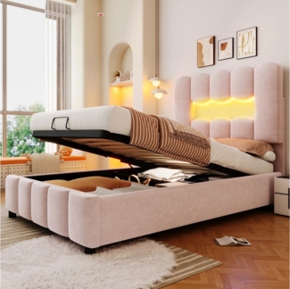 Merax Polsterbett 90x200cm mit LED-Beleuchtung (1-tlg, Jugendbett Gästebett Stauraumbett Mehrzweckbett), Kinderbett mit hydraulischem Stauraum & verstellbarem Kopfteil, Samt