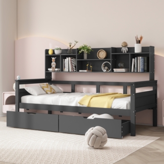 Merax Daybett Schlafsofa Kinderbett Einzelbett 90x200cm mit 2 Schubladen und Regalen, grau