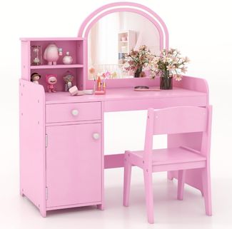 2 in 1 Kinder Schminktisch Set mit Hocker & LED-Lechten & Spiegel & Schublade Kosmetiktisch Rosa