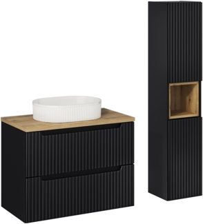 NOVA BLACK 80 cm großes Badmöbel-Set mit einer Waschtischplatte, einem Beyond-Aufsatzwaschbecken und einem Hochschrank (40x80cm), Schwarz Teppich,Eiche Wotan