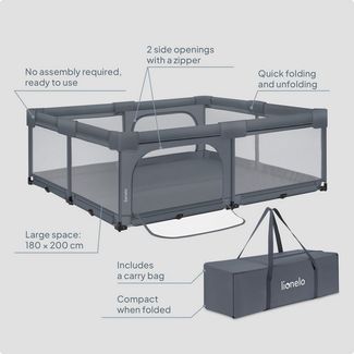 Lionelo Florence XL Easy Fold Laufstall Baby 180x200 cm, Faltbares Laufgitter Baby, Ohne Montage Nutzbar, 2 Seiteneingänge mit Reißverschluss, Atmungsaktives Netz, Weiche Kanten, Transporttasche