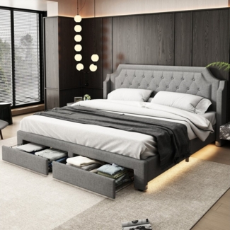 STILVORA Polsterbett 180×200 Doppelbett mit Lattenrost,Jugendbett mit Stauraum und LED, LED Beleuchtung Doppelbett 2 Schubladen 180x200 cm Leinen