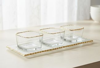 4er Glasschalen-Set mit Goldrand und Tablett - quadratische Dipschalen, 73 ml