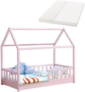 Juskys 'Marli' Kinderbett, mit Matratze, Rausfallschutz, Lattenrost & Dach - Massivholz Hausbett für Kinder - Bett in Rosa, 80 x 160 cm