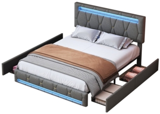 FUROKOY Polsterbett LED Licht Doppelbett Jugendbett, 140x200 cm, mit 4 Schubladen ausziehbare Bettkästen,Leinen,Grau
