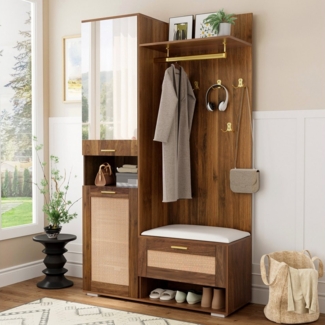 Merax Garderoben-Set mit Spiegel & goldenen Akzenten, Flurschrank mit LED-Beleuchtung, (Garderobenschrank platzsparender Eingangsbereich-Schrank, 1-St, Flurschrank 110×38×190cm), Flurmöbel mit Schuhschrank, Sitzbank, Wandgarderobe & Stauraum