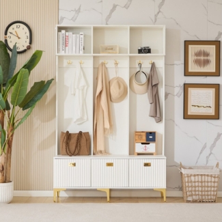 Celya Garderoben-Set Garderobenset mit Bank, multifunktionale Aufbewahrungsbank, (B120/D40/H191.5CM, geeignet für Flur, Wohnzimmer, weiß), offene Aufbewahrung,6 goldene Haken und Füße