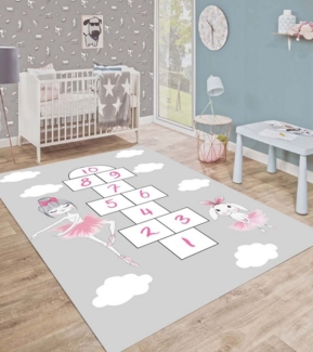 Jungengel Teppich Mädchen Spielteppich Hüpfspiel – Rosa Lernteppich mit Ballerina Motiv, Hüpfspiel lernen mit Spaß im Kinderzimmer