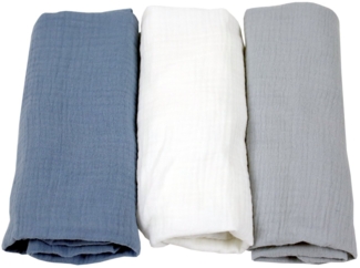 BabyLux Spannbettlaken Musselin Set – 3er Pack 40x80 cm für Kinderwagen Stubenwagen Babybett, Gummizug: ja, z15 Blau-Weiß-Grau