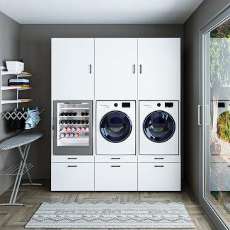 Roomart Schrankwand mit Schrankaufsätzen für Waschmachine & Trockner • 201 cm Breit • Weiß